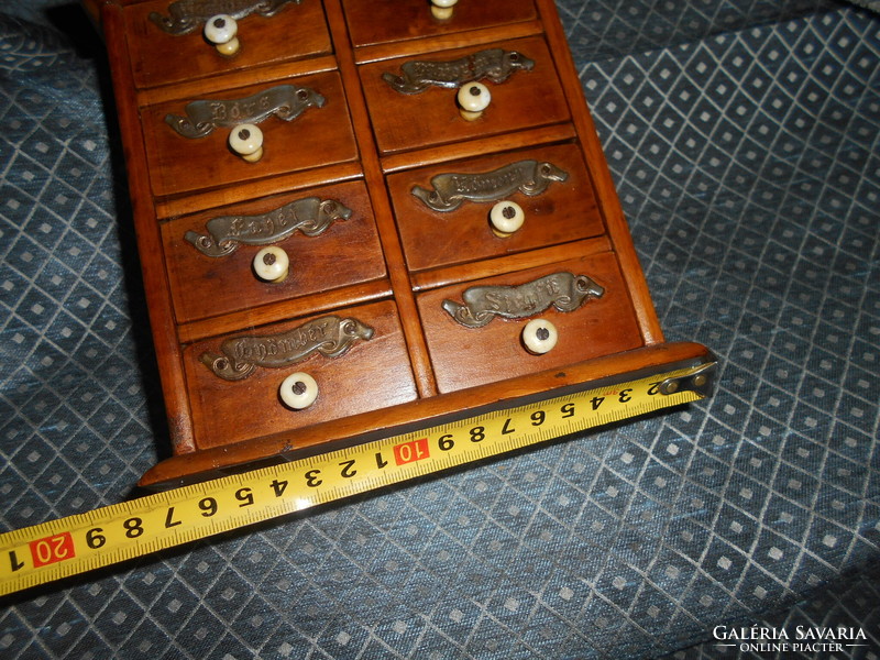 8 Drawers-- antique wooden spice holder-metal board, porcelain buttons