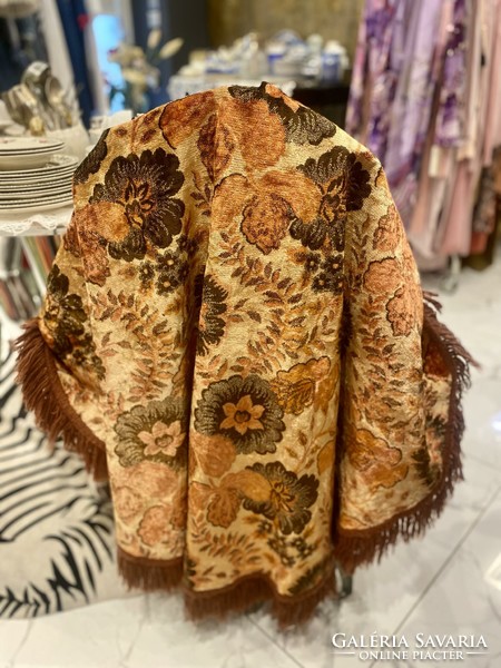 Antique silk brocade round fringe tablecloth