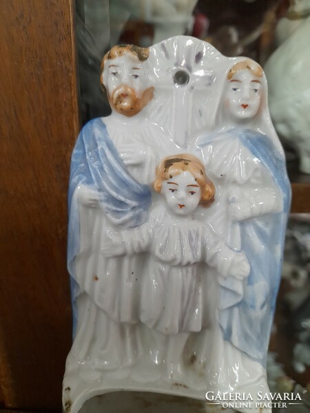 Old religious holy family, hand-painted porcelain holy water container. Marked. 15 Cm.