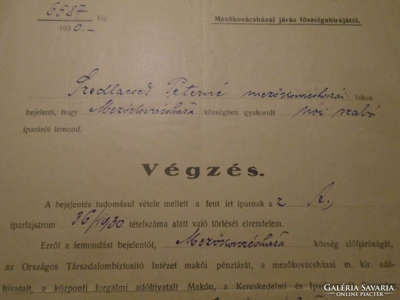 ZA492.36  Mezőkovácsháza járási főszolgabírájától  VÉGZÉS -1930 Szedlacsek Péterné