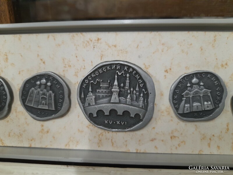 Retro, old Russian 9-piece reproduction stamp set, badge set, in box.