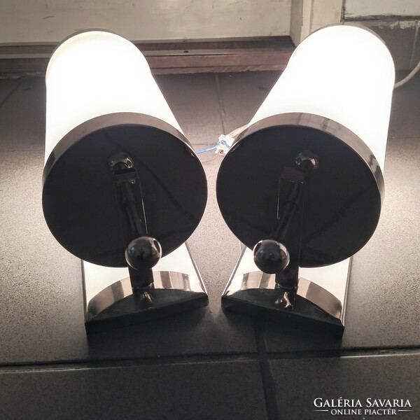 Bauhaus - pair of art deco nickel-plated wall tube lamps renovated - milk glass cylinder shade