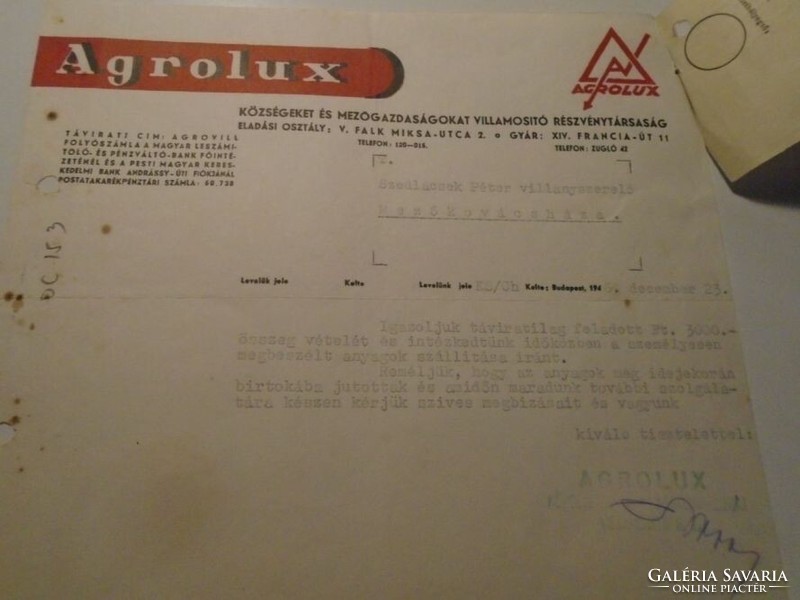 ZA492.39 AGROLUX   - Szedlacsek Péter - Mezőkovácsháza  1947 - villamossági kereskedelmi levél