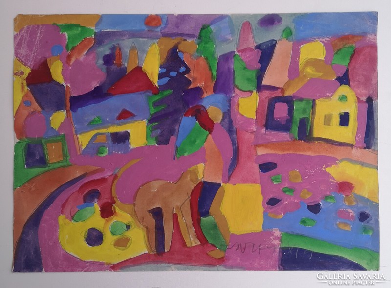Ca. Miklós Németh (1934-2012): playing with a dog. Marked painting.