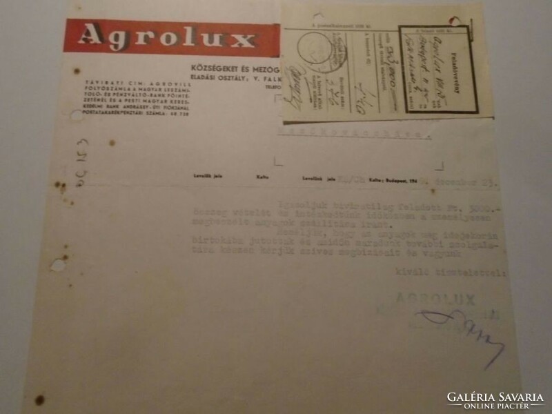 Za492.39 Agrolux - péter szedlacsek - mezőkovács house 1947 - electricity trade letter