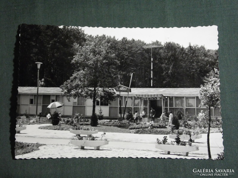 Postcard, Balatonföldvár, motel skyline detail with people