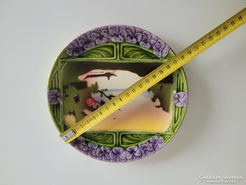 Old faience plate violet landscape nail art majolica art nouveau wall plate wall decoration 17.5 Cm