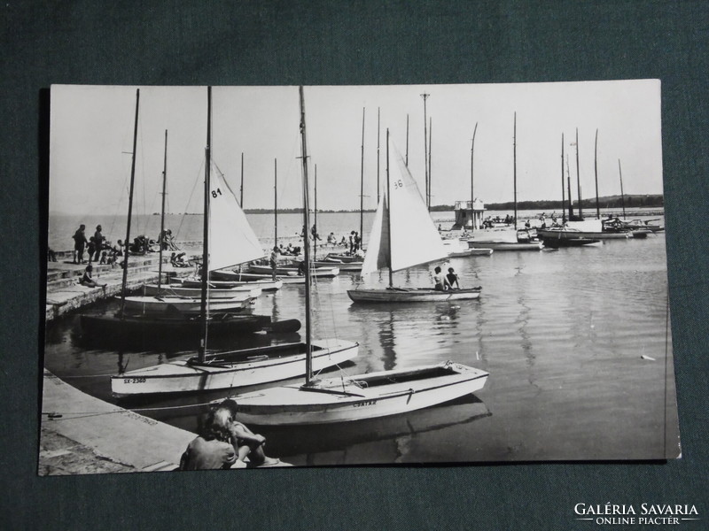 Postcard, Balaton fortress, pier, boat harbor, sailing ship skyline