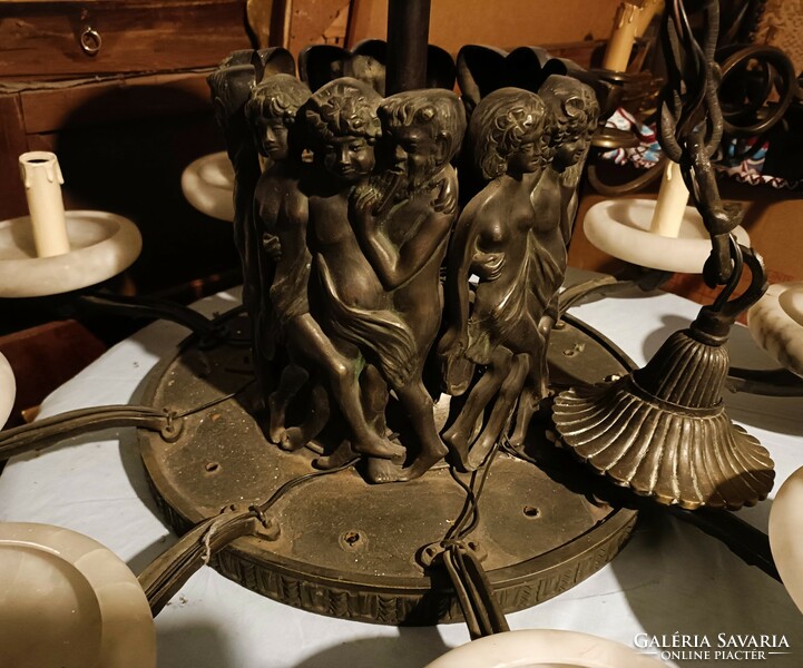 It starts from HUF 1! Antique, 9-branch bronze chandelier with alabaster covers! With a mythological scene!
