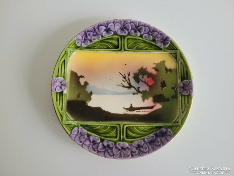 Old faience plate violet landscape nail art majolica art nouveau wall plate wall decoration 17.5 Cm