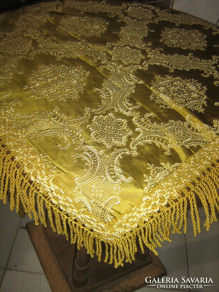 Beautiful fringed silk brocade tablecloth with baroque pattern