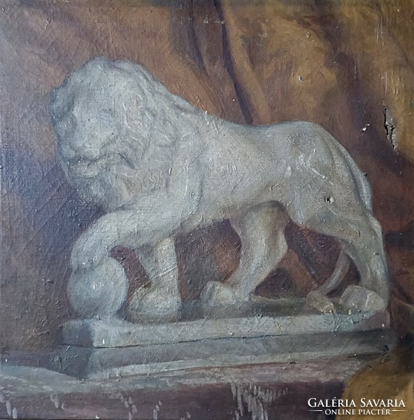 It starts from HUF 1! Antique oil painting! The Medici Lion! Autograph inscription on the back: voivode! With a small injury!