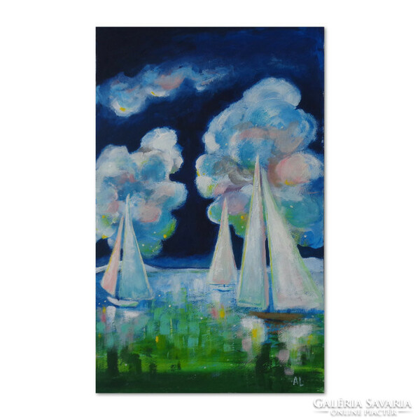 Sailing (agnes laczó contemporary painter/graphic artist) original acrylic painting on wood panel