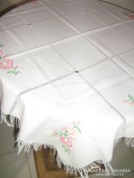 Beautiful floral hand embroidered azure fringed tablecloth