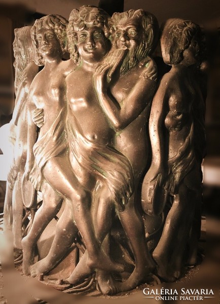 It starts from HUF 1! Antique, 9-branch bronze chandelier with alabaster covers! With a mythological scene!