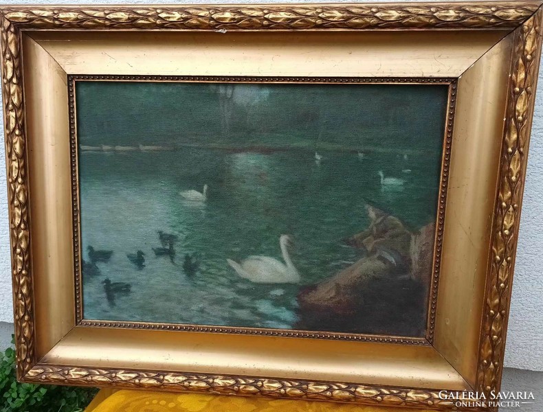 Antique oil canvas painting - swans on the lake - marked