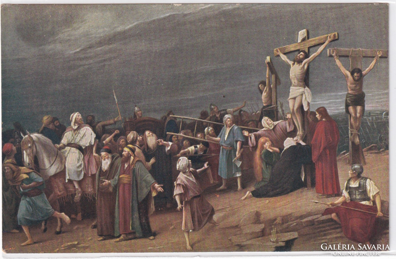 HV:148 Vallásos Húsvéti Üdvözlő képeslap "Postatiszta" Munkácsy:Golgota