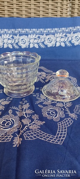 Old thick-walled pressed glass bonbonier with lid, sugar holder