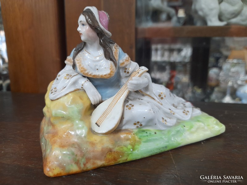 Rare old Czech Prague 1830-1850 reclining lady with lute, solid porcelain figure.