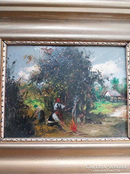Painting made with oil-on-wood technique - picture of village life