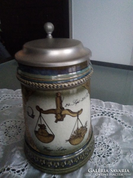 Bavarian tin lid ceramic beer mug with zodiac signs and markings!