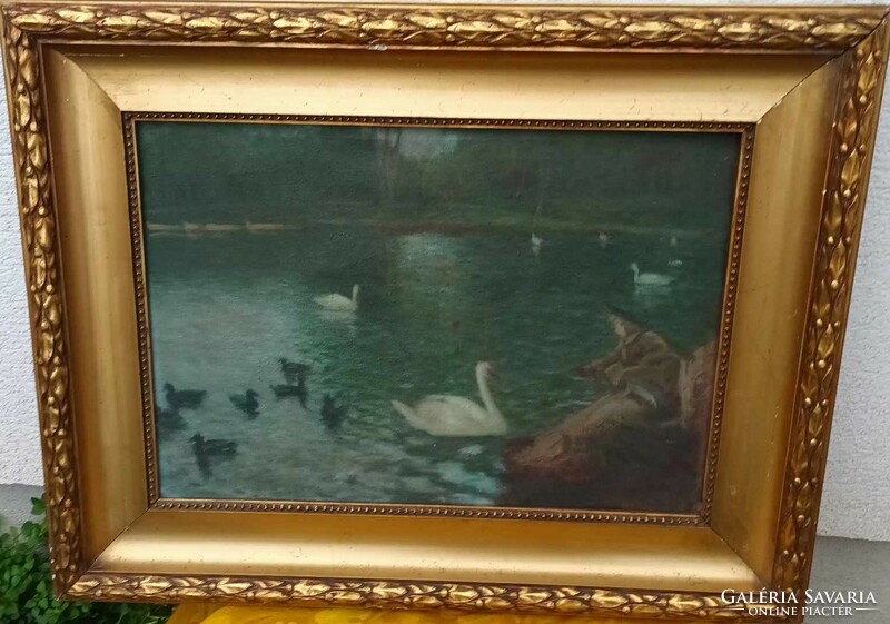 Antique oil canvas painting - swans on the lake - marked