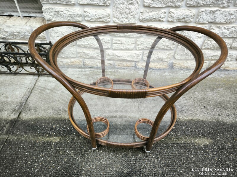 Zsúr kocsi ital étel kínàló büffé Kocsi gurulós hajlított Thonet jellegű nàd bútor . Retro