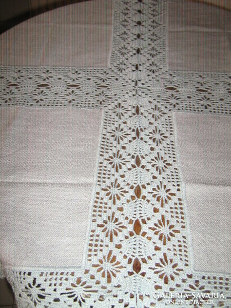 Wonderful blue tablecloth with handmade crochet edges and inserts