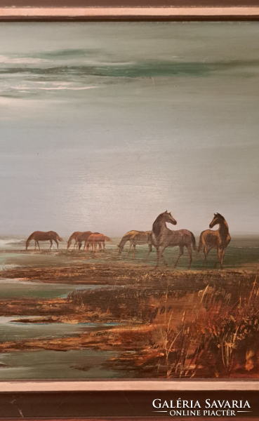 István Dér 1987. Horses on a sled, good mood oil painting 45 x 80 cm + frame