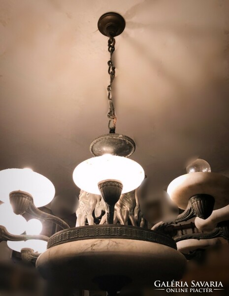 It starts from HUF 1! Antique, 9-branch bronze chandelier with alabaster covers! With a mythological scene!