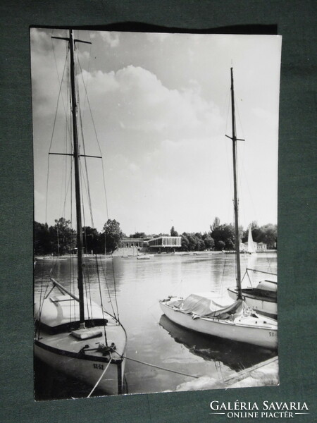 Postcard, Balaton castle, pier, harbor, detail of sailing ship, panoramic restaurant