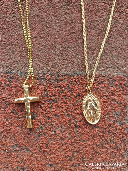 Gilded cross and Virgin Mary medal on chain - necklace pair in one / favor object