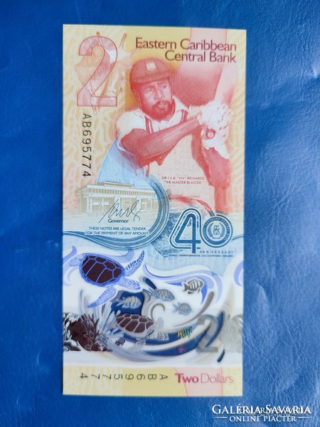 KELET-KARIBI ÁLLAMOK 2 DOLLÁR 2023 (2024) BANK 40.ÉVFORDULÓ! TEKNŐSBÉKA! HAL! BASEBALL! RITKA! UNC!