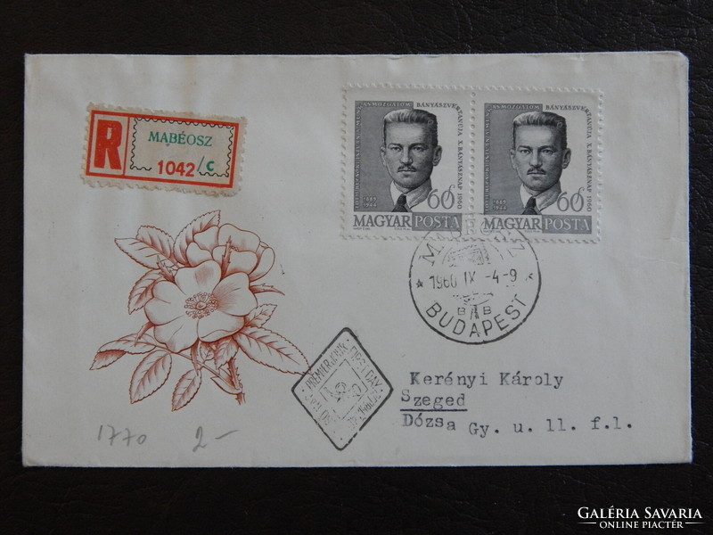 Fdc: 1960. Portraits, t. Pair of stamps of István Bucsok - issued Sept. 4. - Mabeos registered mail