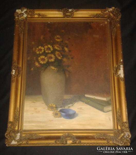 István Szobota (flower still life) framed painting 99cm x 79cm damaged