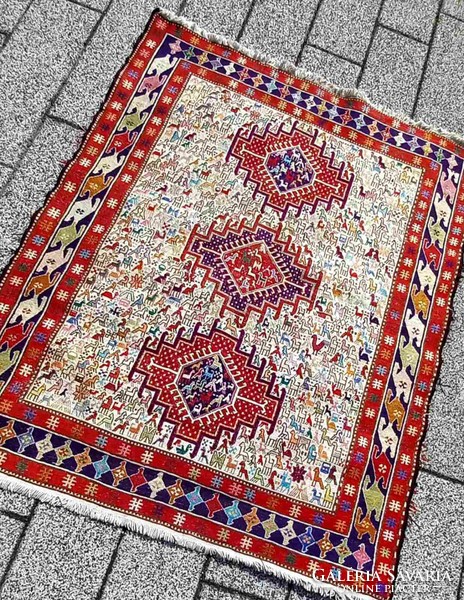 Iráni kézi Soumak Shahsavan kilim szőnyeg.113 cm - 142 cm. Alkudható!