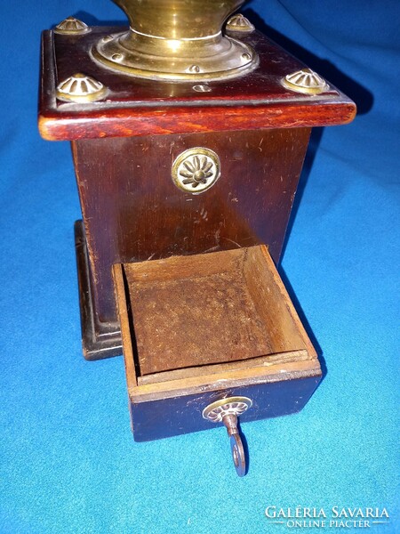 Antique 19th century special brass-plated large wooden mahogany ?? Copper coffee grinder