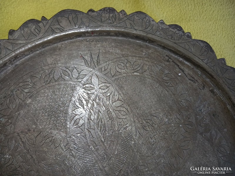 Antique 19th century large 39cm hammered chiseled engraved tinned red copper oriental bowl serving tray