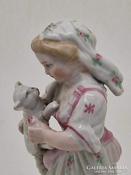 Német antik porcelán figura kislány macskával 13cm