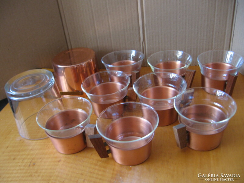 Jena tea, mulled wine and coffee glasses in a copper holder with wooden handles, 8 pcs., and a sugar