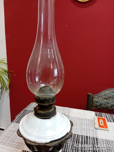 Art Nouveau table kerosene lamp, cast iron base, milk glass container
