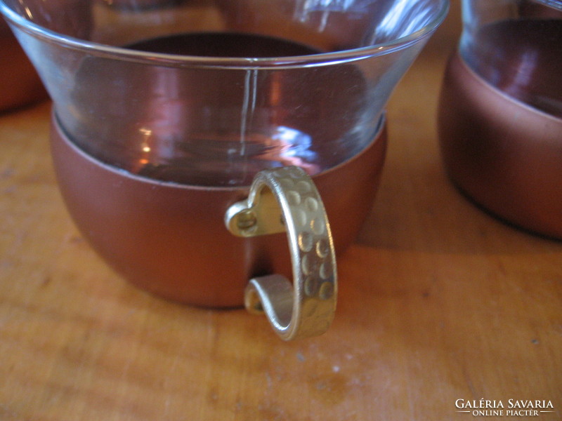 Retro jénai üveg teás, kávés, forralt boros készlet kannával, 7 pohár réz tartóban