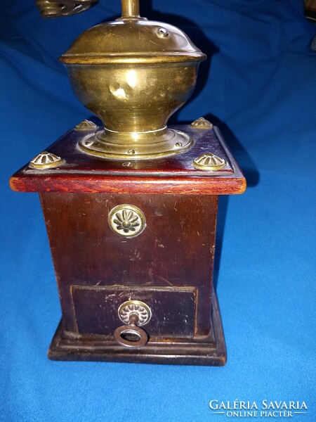 Antique 19th century special brass-plated large wooden mahogany ?? Copper coffee grinder