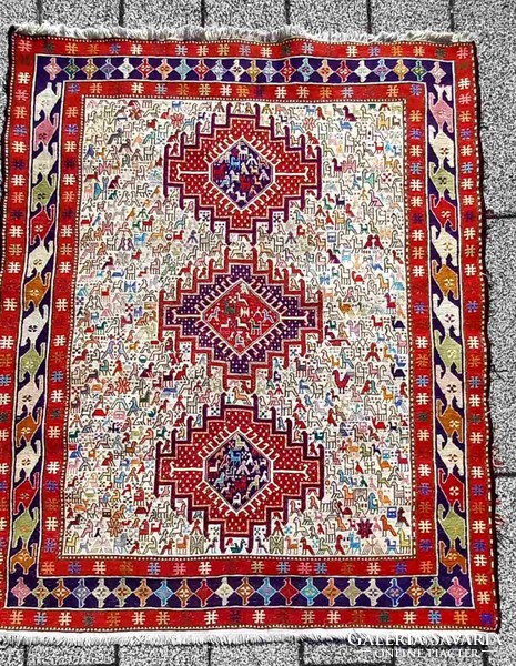 Iráni kézi Soumak Shahsavan kilim szőnyeg.113 cm - 142 cm. Alkudható!