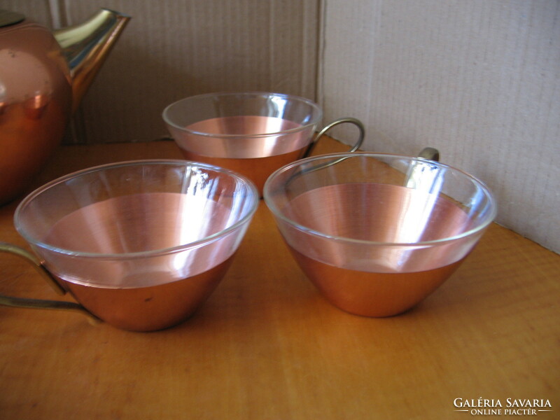 Art deco copper jug with 6 Jena glass inserts with copper holder for tea, mulled wine, coffee