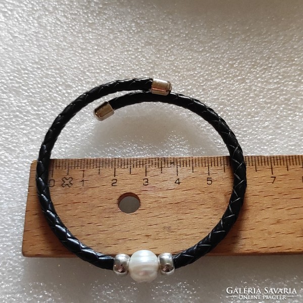 Baroque pearl black leather elastic comfortable bracelet