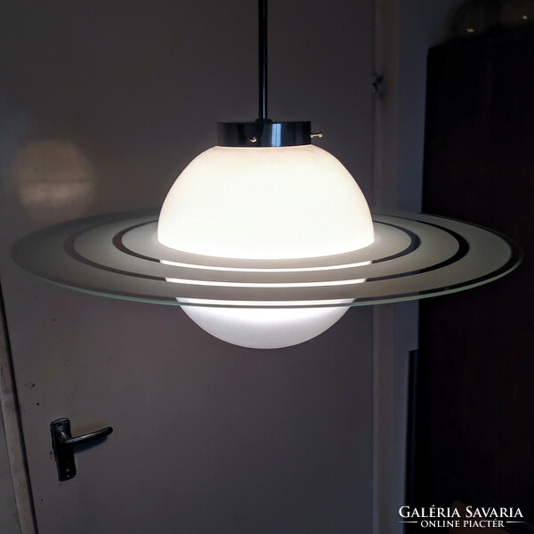 Refurbished art deco nickel-plated wedding lamp - milk glass shade + acid-etched glass disc (Saturn)