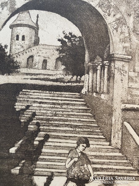 Gyula Fábián: on the steps of a fisherman's bastion - etching