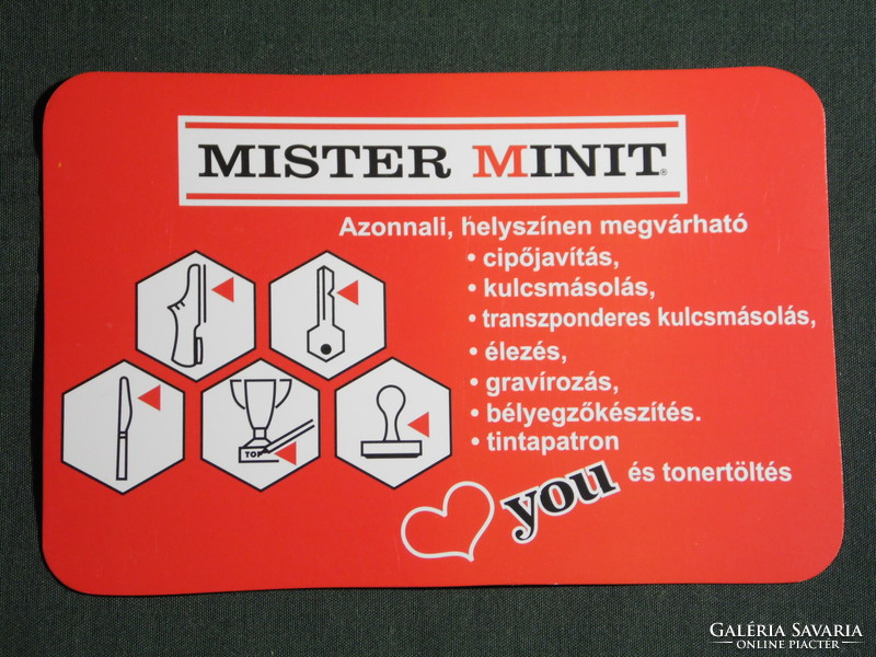 Kártyanaptár, Mister Minit cipőjavítás, kulcsmásolás,élezés,grafikai rajzos,reklám, 2010,  (6)