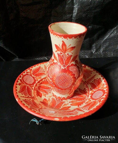 Red and white folk ceramic goblet and plate